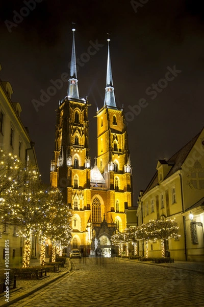 Fototapeta Night photo of illuminated St. John the Baptist Cathedral in Wroclaw, Poland
