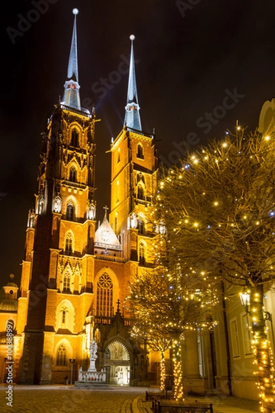 Fototapeta Night photo of illuminated St. John the Baptist Cathedral in Wroclaw, Poland