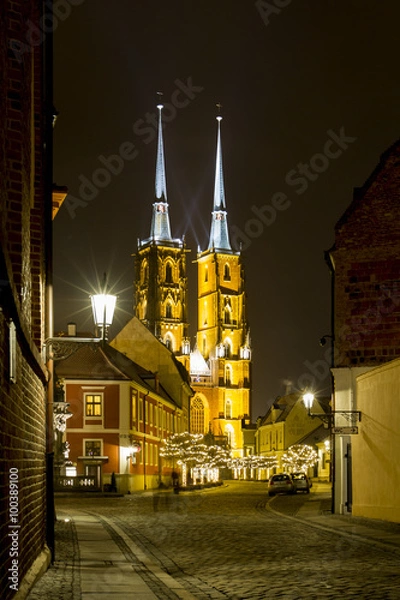 Fototapeta Night photo of illuminated St. John the Baptist Cathedral in Wroclaw, Poland