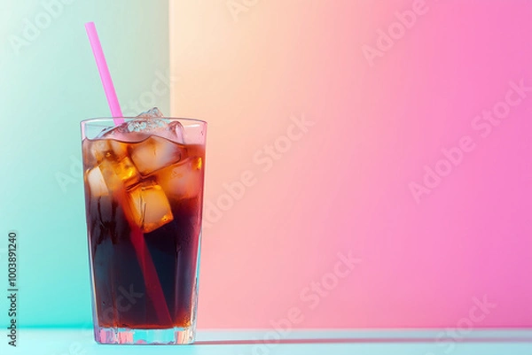 Obraz A refreshing glass of iced coffee with a straw, filled with ice cubes, set on a bright pastel background