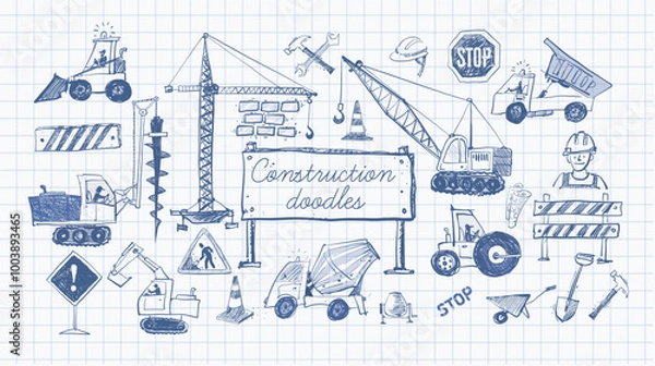 Fototapeta Vector doodle sketch of various heavy construction vehicles, including cranes, excavators, trucks, and loaders, in hand-drawn style on lined paper background