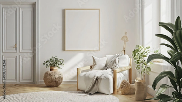 Fototapeta Framed artwork mock-up in a Scandinavian-inspired room, with light and airy decor, 3D render.