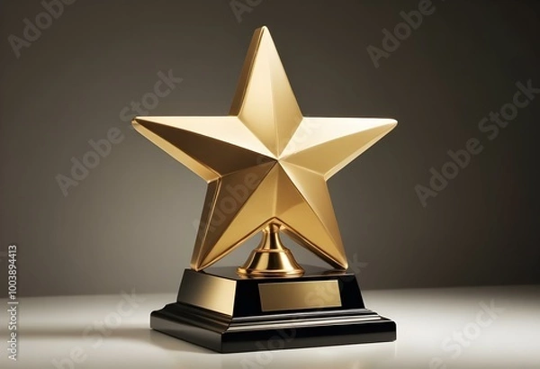 Obraz A golden star-shaped trophy on a black base against a plain white background