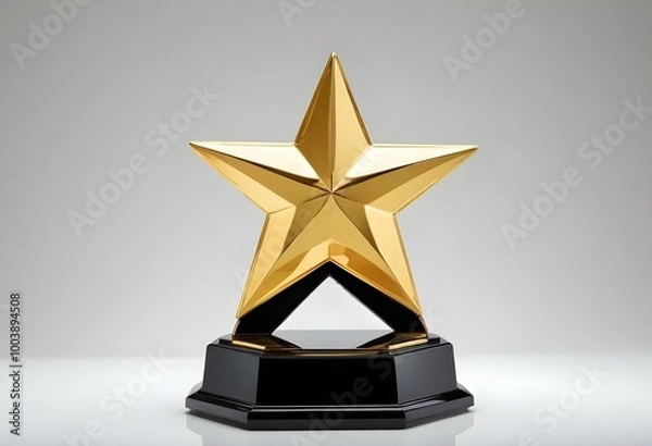 Obraz A golden star-shaped trophy on a black base against a plain white background