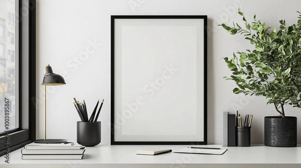 Fototapeta Frame mock-up set on a minimalist desk in a study room, 3D render.