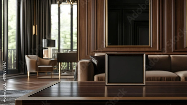 Fototapeta Elegant mock-up frame displayed on a dark, polished wooden table in a luxury living room, 3D render.