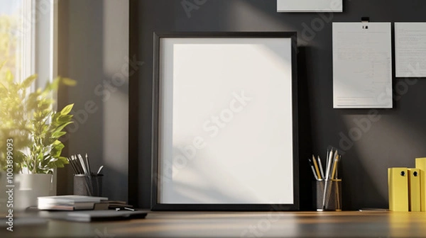 Fototapeta Elegant mock-up frame displayed in a sunlit home office with modern decor, 3D render.