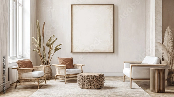 Fototapeta Elegant framed artwork mock-up in a spacious, modern living room with warm accents, 3D render.