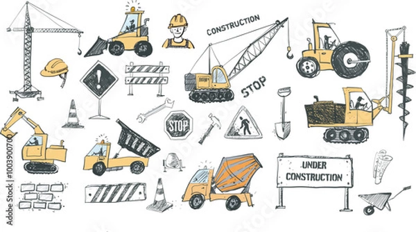 Obraz Hand drawn colored vector doodle sketch of various heavy construction vehicles, including cranes, excavators, trucks, and loaders on white background