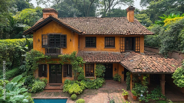Fototapeta This inviting yellow cottage is embraced by vibrant greenery, showcasing its rustic design and serene atmosphere under daylight