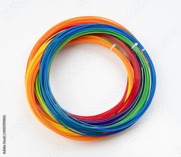Fototapeta 3d pen for creating volume plastic figures isolated on white background. 3d pen, kit of colourful plastic filament on white background	