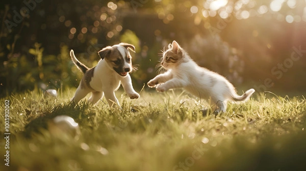 Fototapeta Adorable puppy and kitten playing together in sunlit garden, showcasing their playful energy and joy. warm sunlight enhances cheerful atmosphere of this delightful scene