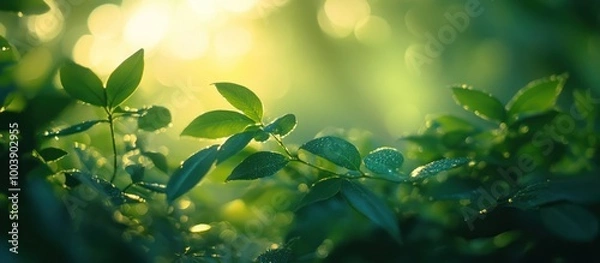 Fototapeta Close-up of lush green leaves with a soft, warm sunlight shining through.