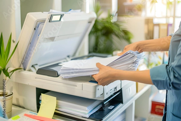 Obraz Efficiently loading stack of papers into multifunction printer, person demonstrates productivity in modern office environment. scene captures essence of daily office tasks and organization
