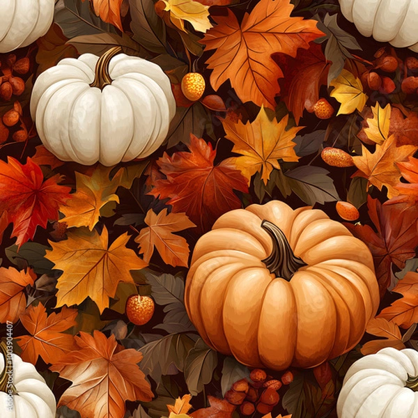 Fototapeta Happy thanksgiving day seamless pattern with fall foliage - background