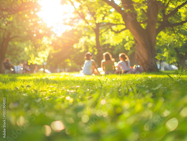 Fototapeta Enjoy sunny day in park with friends, surrounded by lush green grass and vibrant trees. warm sunlight creates soft focus, enhancing joyful atmosphere
