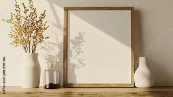 Fototapeta Clean frame mock-up resting on a wooden shelf, surrounded by natural elements, 3D render.