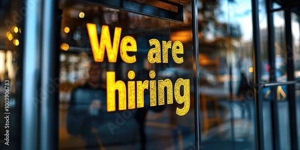 Fototapeta We are hiring text on the glass door of office building. Concept of employment. Generative Ai