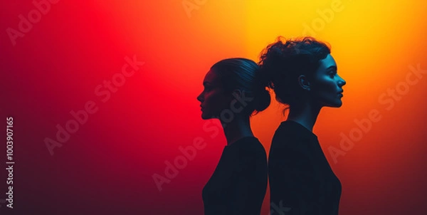 Obraz Two women stand back to back, their silhouettes contrasting against a vibrant gradient of warm colors, emphasizing the beauty of light and shadow in artistic photography.