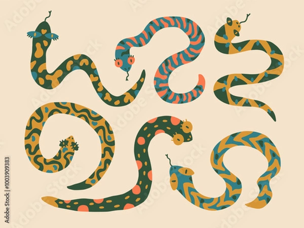 Fototapeta Set of isolated vector snakes. Illustration of symbol 2025. Year of the snake, animal zodiac. Cartoon collection. Childish funny style. Chinese new year concept. Design element. Print, textile pattern