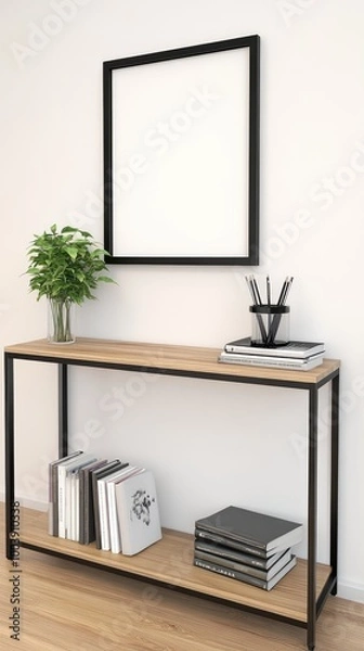 Fototapeta A serene interior showcases a blank poster frame against a white wall, accompanied by neatly stacked books and vibrant cacti, enhancing the minimalist aesthetic