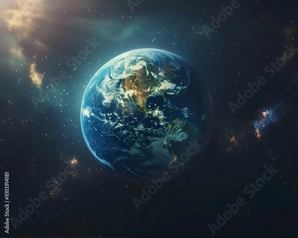 Fototapeta Peaceful Earth Surrounded by Celestial Beings in the Cosmic Universe