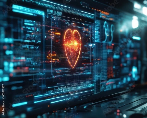 Fototapeta Healthcare innovation visualized with glowing holographic tools and digital health trackers  Futuristic  Hologram  Minimalist