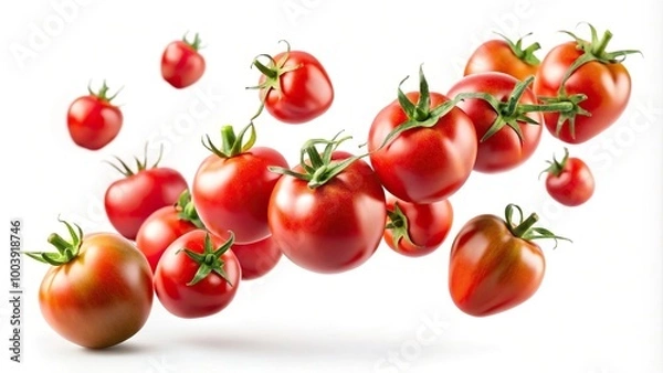 Fototapeta Long shot of flying fresh tomatoes isolated on white background with clipping path