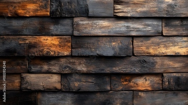 Fototapeta A textured close-up of a rustic wooden wall made of dark, weathered planks with varying shades of brown and black. The rough, uneven surfaces add depth and vintage character.
