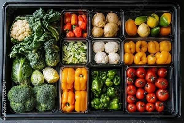 Fototapeta AIpowered shopping assistants for healthy food choices, top view, personalizing grocery lists for health, scifi tone, Splitcomplementary color scheme