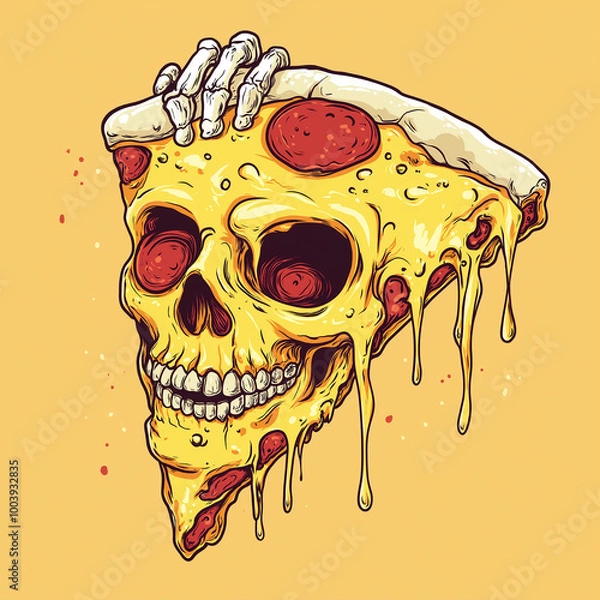 Fototapeta Slice of pizza in the shape of a skull with a skull hand holding it