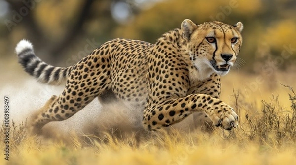 Fototapeta Cheetah running at full speed through grassy savannah, powerful predator in action, wildlife in natural habitat
