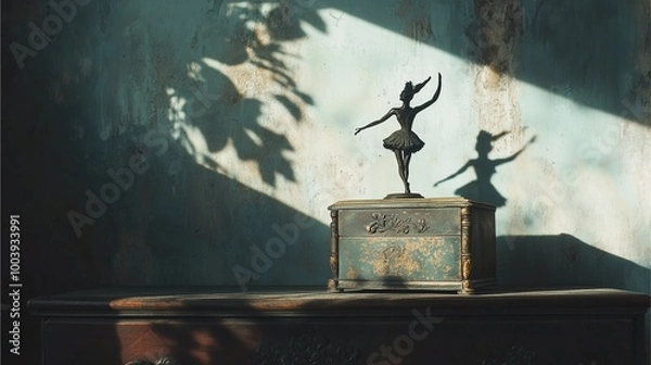 Fototapeta An old, dusty music box sitting on a gothic-style dresser, its lid slightly open, with an ornate ballerina inside casting a long shadow on the wall behind.