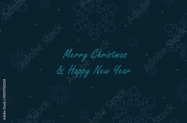 Obraz Merry Christmas and happy new year card with snowflake outline in blue background. festive pattern handwriting