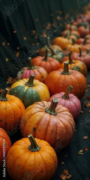 Fototapeta Масляна картина асортименту різнокольорових гарбузів і гарбузів на темному тлі
