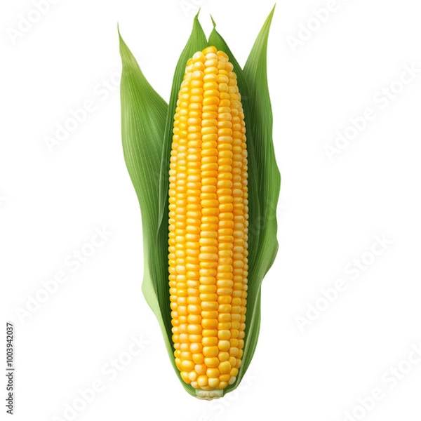 Fototapeta Fresh corn on the cob with vibrant yellow kernels and green leaves. transparent background