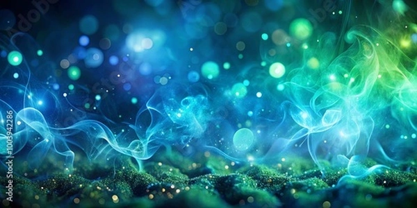 Fototapeta Abstract Swirling Blue and Green Smoke with Glowing Particles and Bokeh Lights