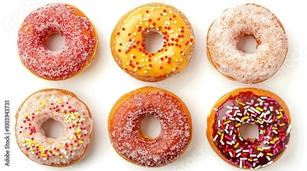 Fototapeta A row of donuts with different colors and sprinkles