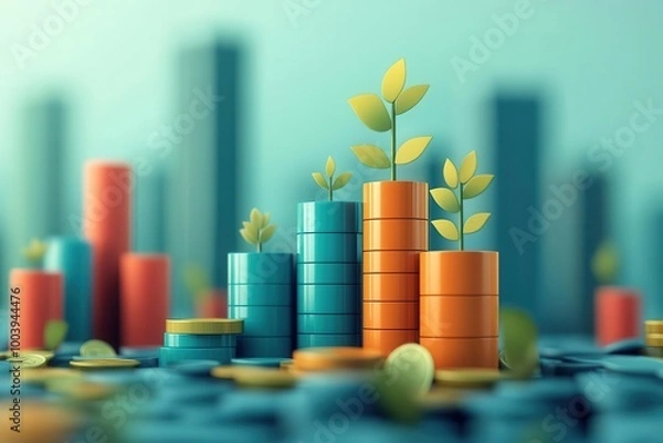 Fototapeta Economic growth through financial innovation flat design, side view, investment trends theme, 3D render, Triadic color scheme