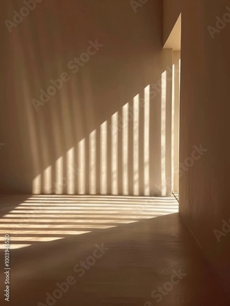 Fototapeta The image shows a minimalist, warm-toned interior space with strong shadows creating geometric patterns