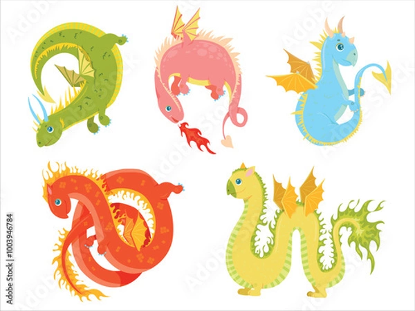 Fototapeta Colored dragons. Set with dragons in cartoon style. Cute fairy tale animal. fantasy Character of children's books. Dinosaur. Vector illustration on a white background.