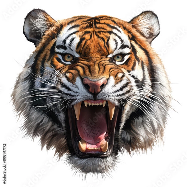 Fototapeta Roaring tiger head, fierce expression on a white isolated background. transparent background