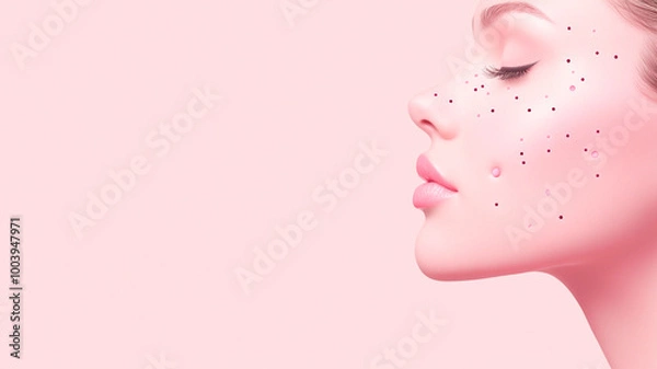 Fototapeta Ilustración de tratamiento médico estético con múltiples signos de puntuación en la cara, fondo plano rosa pastel, al estilo de un anuncio de una clínica de belleza con un diseño simple y minimalista,