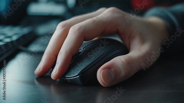 Obraz Close-up of a hand using a black ergonomic computer mouse on a modern desk, highlighting precision and control in a tech-savvy workspace environment