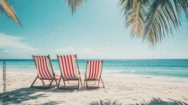 Fototapeta Two red and white striped beach chairs on sandy beach with palm trees, blue sky, and clear sea, seaside summer vacation. Copy space 