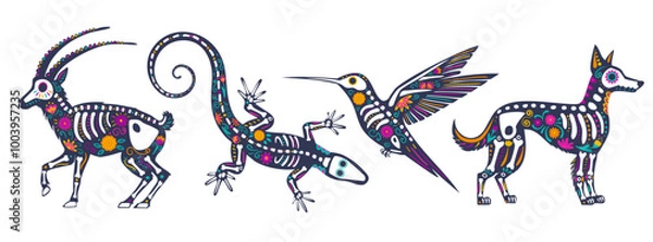 Obraz Collection of skeleton decorated with flowers and decorative elements. Festive animal for the Mexican Day of the Dead,  Dia de los Muertos.