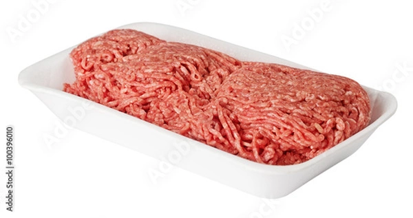Fototapeta Fresh ground beef in white polystyrene tray