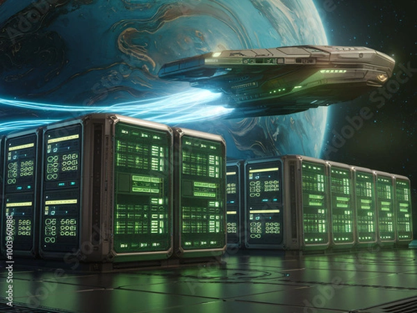 Fototapeta Interstellar Data Transfer: Spaceship and Server Farm