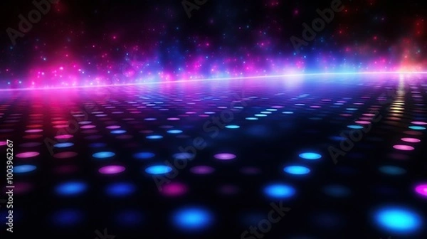 Fototapeta Neon lights and smoke with glowing particles on floor, cyberpunk style abstract background