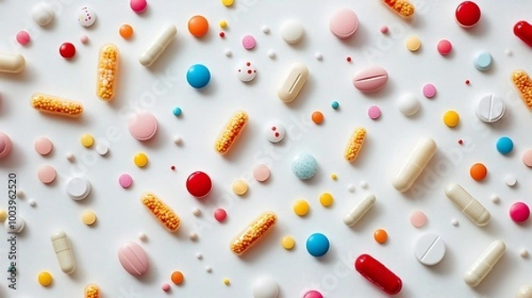 Fototapeta A flat lay of various colorful pills and capsules scattered on a white background.
